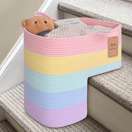 Stair Basket for Wooden & Carpeted Stairs, Foldable Cotton Rope Step Basket with Handles, Staircase Storage Organizer, Fog Grey, 15" Lx 10" W x 15" H