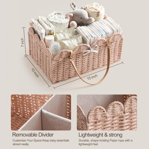 HBlife Baby Diaper Caddy, Paper Rope Storage Baskets Nursery Bin with Removable Divider, Portable Car Organizer for Diapers, Baby Shower Gifts, Newborn Essentials Must Haves