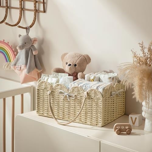 HBlife Large Baby Diaper Caddy, Paper Rope Storage Baskets Nursery Bin with Removable Divider, Portable Car Organizer for Diapers, Baby Shower Gifts, Newborn Essentials Must Haves