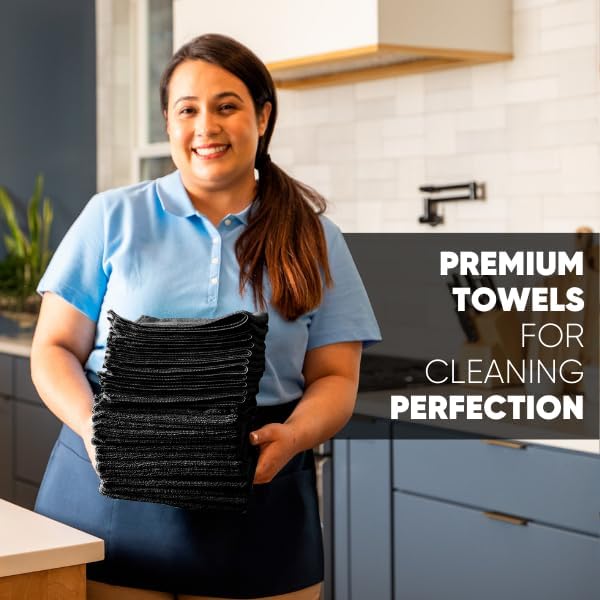 Microfiber Towels and Genie Sheets Concentrate All-Purpose Cleaner & Spray Bottle | Premium Multi-Surface All Purpose Cleaning Cloths | Deep Clean, Polish, Dust | Black 12pk