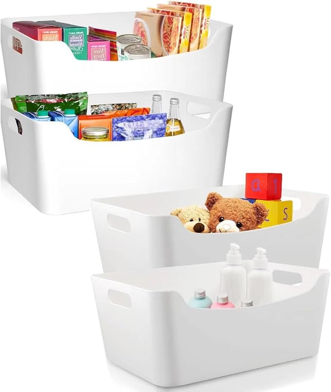 4 Pack Large Plastic Storage Bins with Handles, Versatile 13.7x10.2x5.7 Inch White Organizer Containers for Kitchen, Pantry, Closet, Bathroom, Office, Cabinet, Drawer, Snack, Toy & Makeup Organization