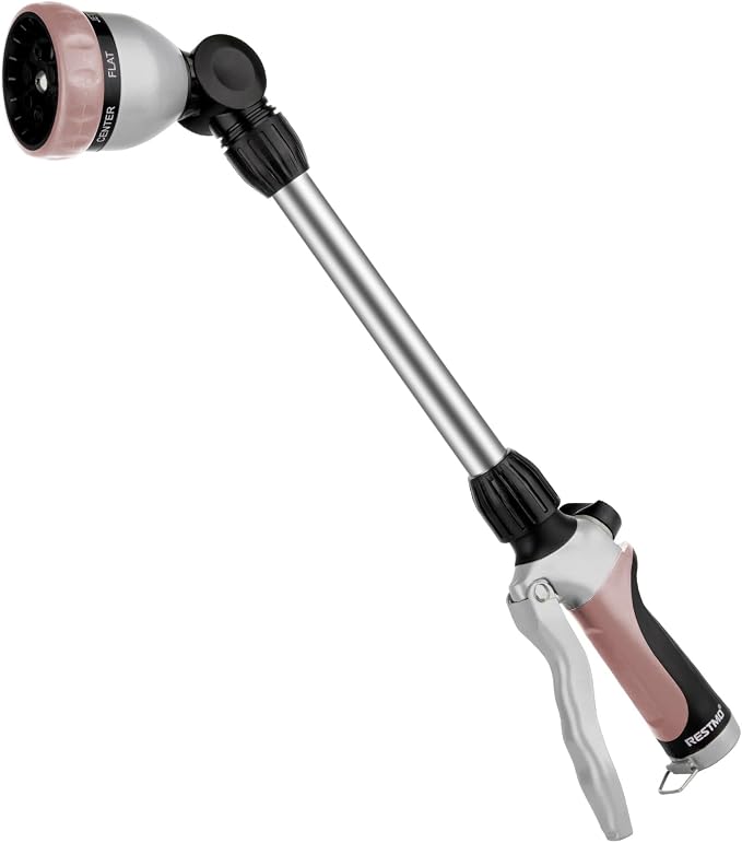 RESTMO Heavy Duty Metal Hose Wand, Watering Wand for Garden Hose | 180° Swivel Ratcheting Head, 16'' Hose Sprayer, 7 Spray Patterns, Flow Control, Ideal for Hanging Baskets & Shrubs, Rose Gold