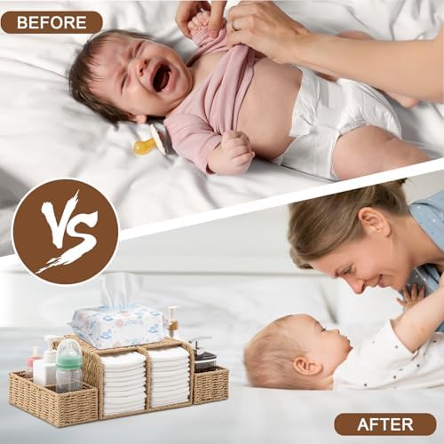 Large Wicker Diaper Caddy Changing Table Organizer, Khaki, Paper | Detachable Modular Diaper Caddy for Nursery, Woven Diaper Storage Dispenser Basket for Nursery Diapering Baby Essentials Gift