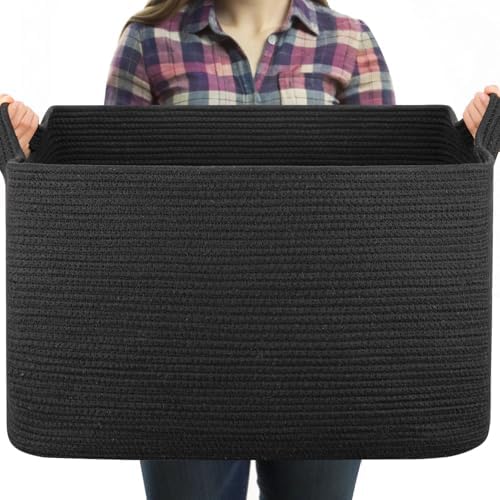 OIASKET 95L Large Blanket Basket, Black Blanket Storage Living Room, Rectangle Woven Baskets for Storage Toys, Towels, Dirty Clothes Organizer Bins (Black)
