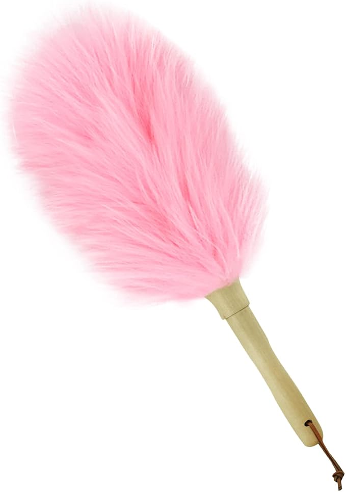 Lambswool Duster 14'' Length Solid Wooden Handle Leather Hang Strap for Cleaning Ceiling Fans Window Blinds Computer Furniture Figurines TV Natural Feather Duster,Pink