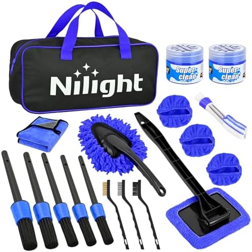 Nilight 15PCS Car Detailing Kit for Interior Exterior Car Care, Blue | auto cleaning Tools with storage bag, Car Care Clean Windshield Dashboard Seat Air Vents Wheels Tires, beginner friendly