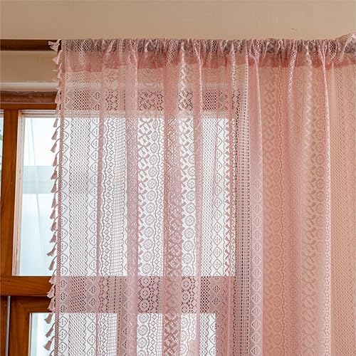 Sutuo Home Lace Sheer Boho Curtains for Bedroom Dining Room, Soft Plush Pink Bohemian Crochet Tassels Farmhouse Window Curtains Drapes Vintage Chic Decor, Rod Pocket 1 Panel 59" W x 96" L, Light Pink