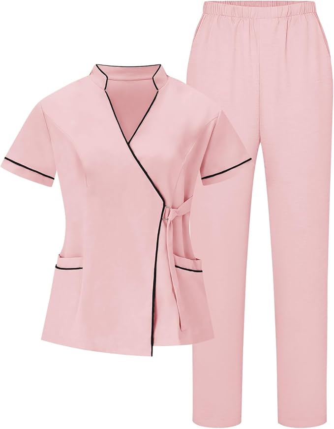 Housekeeping Uniforms for Women Hotel Cleaning Nurse Scrub Sets Stretch Wrap V-Neck Short Sleeve Top and Pants