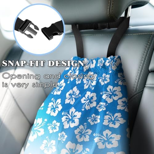 Car Trash Bag Hanging Back of Seat with Adjustable Snap Buckle Strap Cute Printed Drawstring Garbage Bags for Car-Hawaiian Floral Blue