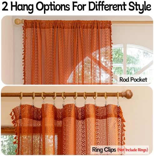 Sutuo Home Burnt Orange Boho Curtains 84 inches Long for Bedroom Living Room, Terracotta Crochet Lace Sheer Bohemian Hollow Knitted Tassels,Window Treatment Drapes Fall Decor, 1 Panel 59" W x 84" L