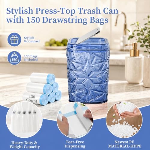 2-Piece Snowflake-Textured Acrylic Trash Can Set with 150 Drawstring Bags, 4 Gallon Sliver Press-Lid Wastebasket and Small Open-Top Desktop Bin for Bathroom, Bedroom, Office, Navy Blue