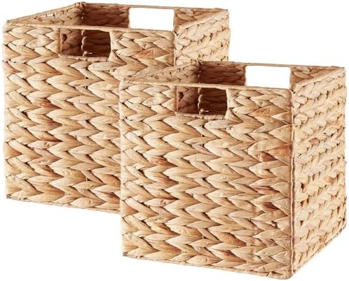 Vagusicc Storage Basket, Set of 2 Hand-woven Water Hyacinth Storage Baskets, Foldable Wicker Storage Basket 13 Inch Cube Storage Bins for Shelves Organizer Square Shelf Baskets, 13''x13''x13''
