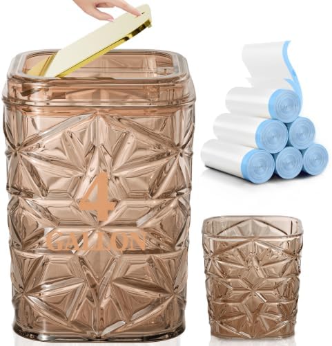 2-Piece Snowflake-Textured Acrylic Trash Can Set with 150 Drawstring Bags, 4 Gallon Gold Press-Lid Wastebasket and Small Open-Top Desktop Bin for Bathroom, Bedroom, Office, Brown