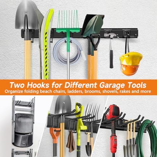 Garage Tool Organizer Wall Mount, Heavy Duty 48 Inch Garage Storage System with Adjustable Hooks, Garden Tool Rack for Shovel Rake Broom Snowboard Shed Organization