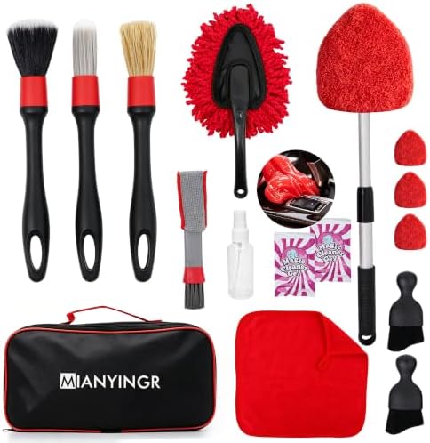 Windshield Cleaner Tool, 17Pcs Red Car Interior Detailing Kit | Stay in Seat, Inside & Out Streak-Free Clean, Extendable Handle, Cleaning Gels & Brushes, Pet Hair