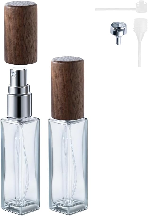 Perfume Atomizer, Refillable Spray Perfume Bottles 2pcs 0.3oz/10ml | Walnut Real Wood Lid, Classic Looking, Leak-Proof, Compact Size, Solid Bottle, Daily Touch-Up Spraying
