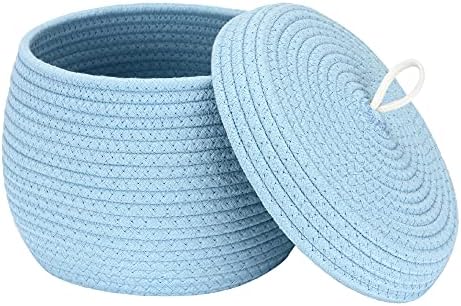 Sea Team Round Woven Cotton Rope Storage Basket with Lid, Blue | Lidded Knitted Decorative Storage Bin, Pot, Caddy, Organizer, Container for Snacks, Towels, Plants, 10 x 7.5 Inches