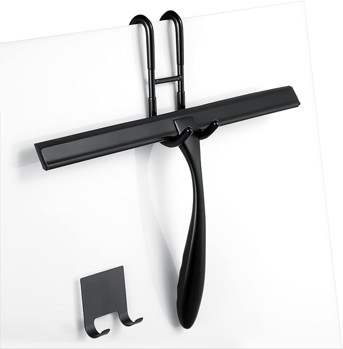 Shower Squeegee for Glass Doors,12-Inch Shower Glass Squeegee, Matte Black Shower Squeegee for Shower Doors,Mirror,Windows, with Shower Door Hook and Adhesive Hook