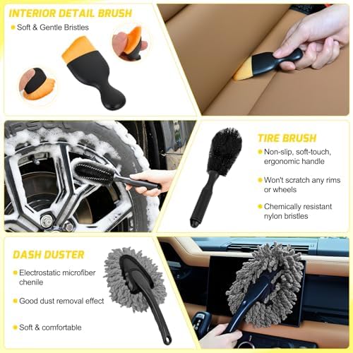 Nilight 37PCS Car Detailing Kit for Interior Exterior Car Care, Yellow | car wash cleaning kit with storage bag, Deep Clean Car Care Glass Windshield Dashboard Seat Air Vents Wheels Tires