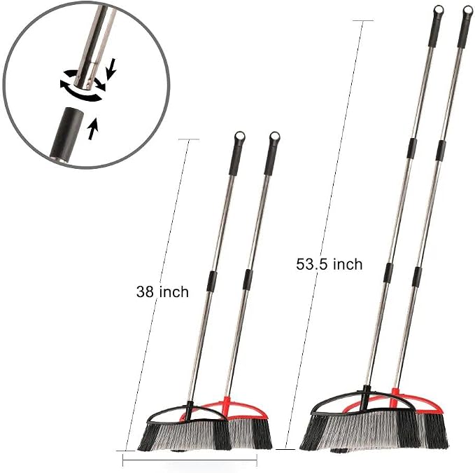 2-Pack Outdoor Broom, 15.7" Wide Angle Head for Garden, Yard | Wide Broom Covers More Area, Adjustable 38-53.5" Handle ( Black & Red )