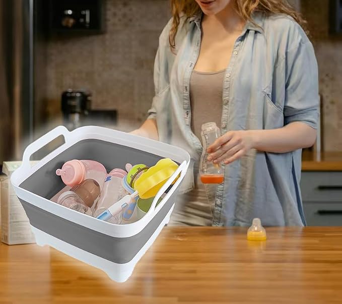 GIMWA Collapsible Wash Basin with Drain Plug - 2.4 Gallon Foldable Kitchen Sink for Baby Bottles, RV Camping, Space-Saving Dish Tub (Gray-Gray)