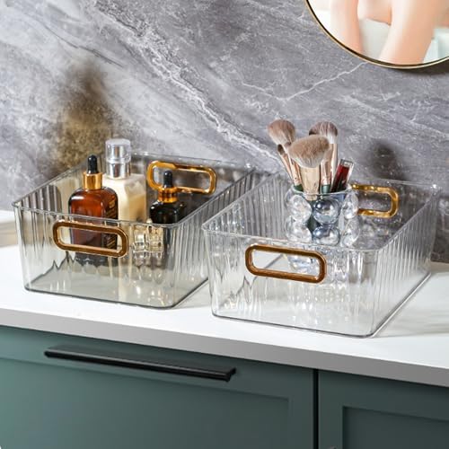 4 Packs Clear Plastic Storage Bin, Pantry Organizer Bin | Clear Containers With Built-in Handles, Multipurpose for Refrigerator, Kitchen, Freezer Organization