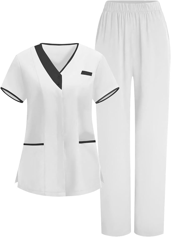 2026 Housekeeping Uniform Cleaning Uniforms - Button V Neck Top & Pants with Multi Pockets - Scrubs for Women