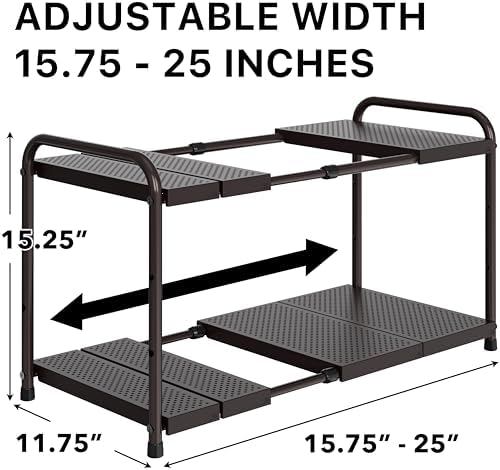 Simple Houseware Under Sink 2-Tier Heavy Duty Expandable Organizer, Bronze | Adjustable Width 15.75–25 Inches with 4 Shelf Height Levels
