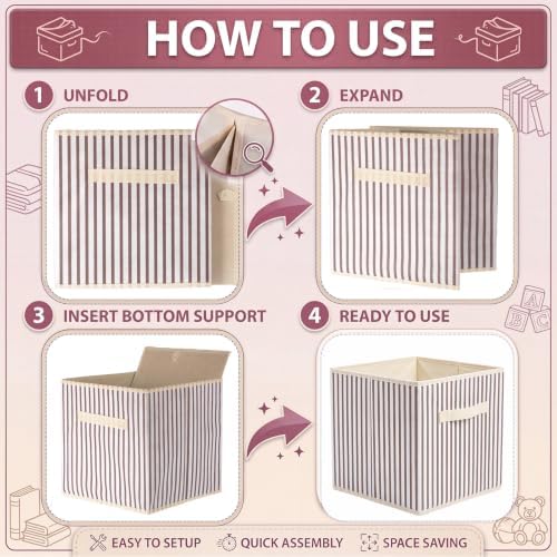 Amyhill 6 Pack Khaki Striped Basics Collapsible Fabric Storage Bins | with Handles, Foldable Storage Cubes, 11 Inch, Closet Decorative Organizer, Baskets for Shelves Units, Home, Dorm