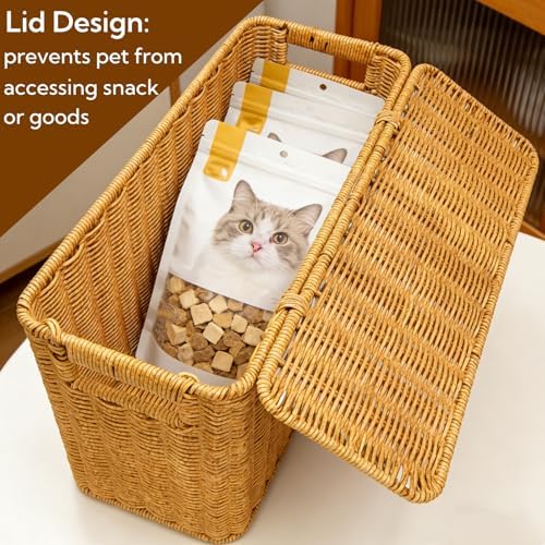 Pumtus Woven Storage Basket with Lid, 3 Gallon Decorative Plastic Organizer Box with Handle, Rectangle Narrow Tall Trash Can Toilet Paper Holder, Household Container Bin for Wardrobe, Magazines, Toys