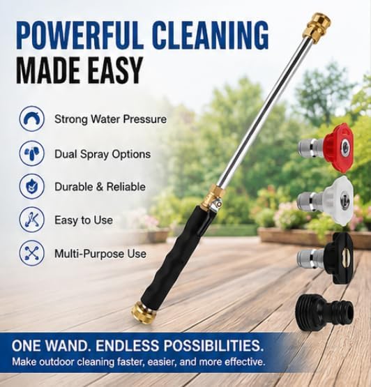High Pressure Power Washer Wand for Garden Hose - 2026 Upgraded Water Jet Nozzle with 3 Spray Tips, Heavy Duty Brass Connector for Car Wash, Patio, Driveway, and Deck Cleaning (1pc)