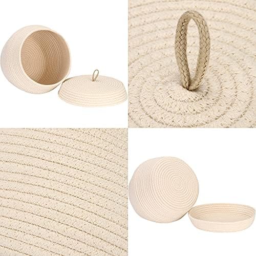 Sea Team Round Woven Cotton Rope Storage Basket with Lid, Cream | Lidded Knitted Decorative Storage Bin, Pot, Caddy, Organizer, Container for Snacks, Towels, Plants, 13 x 9 Inches