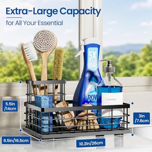 Kitchen Sink Organizer, Large Sink Caddy with Sponge Holder & Diatomite Mat | Cleaning Supplies in One Place, Kitchen Countertop Organizer, Home Essentials, Brush Holder, Quick Dry Tray, Fewer Puddles