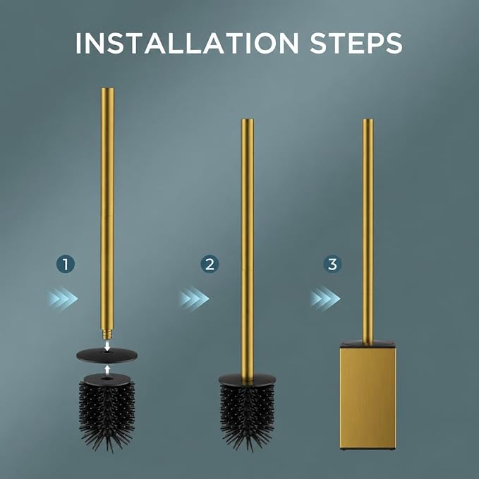 FORIOUS Stainless Steel Toilet Bowl Brush Scrubber and Holder Set Short | Gold, Extended Handle, Removable Inner Bowl, Stable Splash Guard, Steel Joint, Scratch‑Resistant Bristles, for Bathroom RV