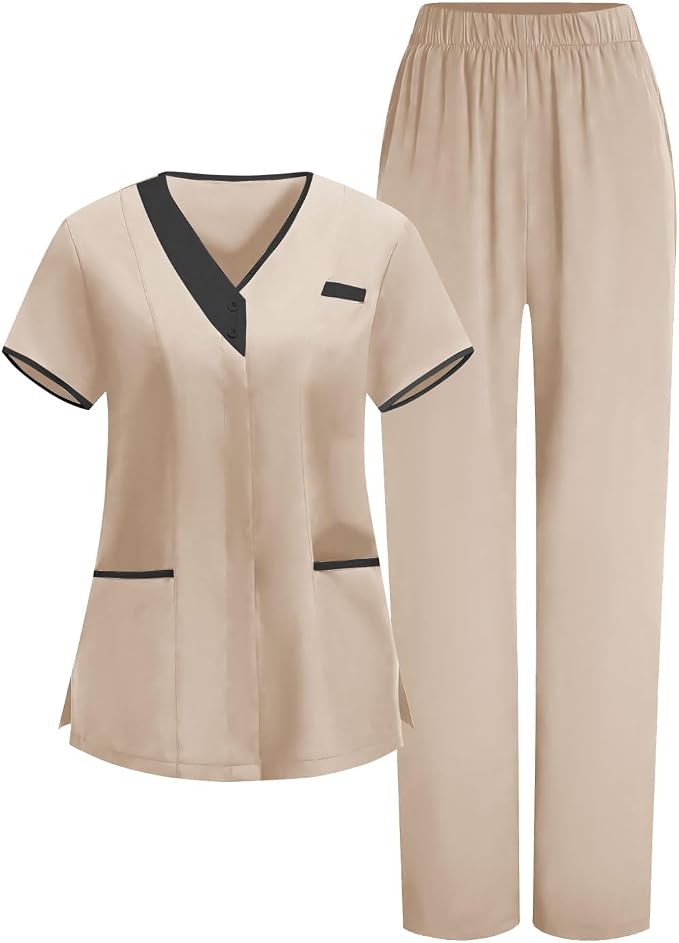 2026 Housekeeping Uniform Cleaning Uniforms - Button V Neck Top & Pants with Multi Pockets - Scrubs for Women