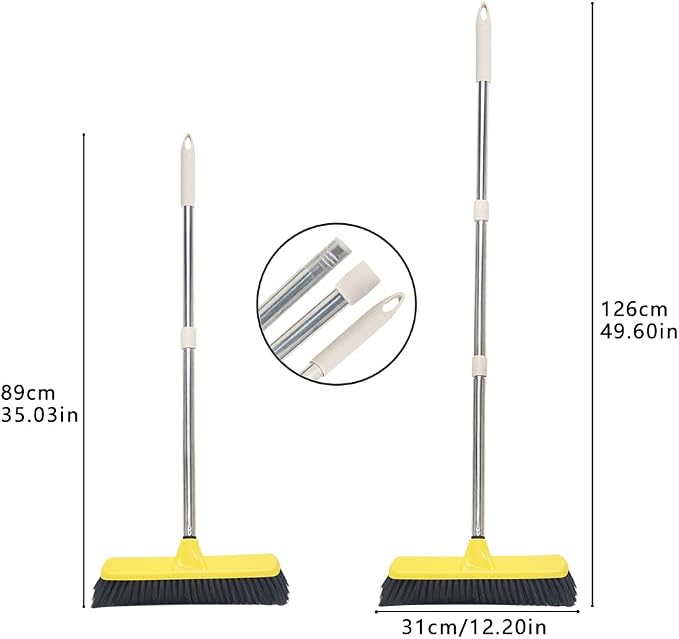 Push Broom with Long Handle, Floor Brush 49.6 inch Soft Bristle Broom 12.2" Wide for Cleaning Bathroom Kitchen Patio Garage Deck Tile Floor