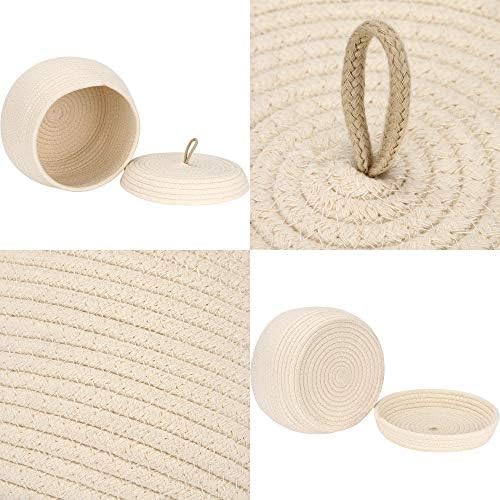 Sea Team Round Woven Cotton Rope Storage Basket with Lid, Cream, 2-Pack | Lidded Knitted Decorative Storage Bin, Pot, Caddy, Organizer, Container for Snacks, Towels, Plants, 10 x 7.5 Inches