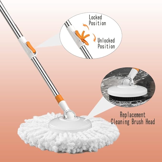 61" Spin Mop and Bucket Set,Wringer System for Cleaning,with 5 Refill Heads | Hands-Free Wringing with1 Brush,Stainless Steel Handle,Suitable for Tile Hardwood Laminate Floors,Easy Dirt Removal
