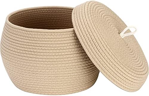 Sea Team Round Woven Cotton Rope Storage Basket with Lid, Khaki | Lidded Knitted Decorative Storage Bin, Pot, Caddy, Organizer, Container for Snacks, Towels, Plants, 13 x 9 Inches