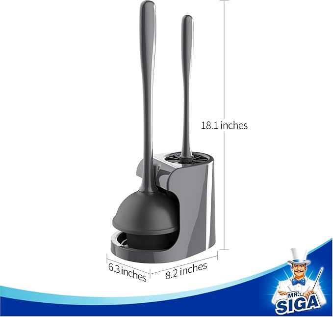 MR.SIGA Toilet Plunger and Brush Combo for Toilet Cleaning, Gray, 2 Set | Heavy duty toilet brush and plunger set, toilet bowl brush and plunger with holder
