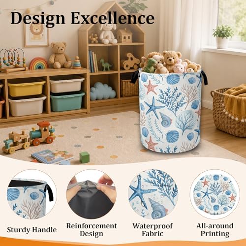 Summer Seashells Coral Waterproof Laundry Basket with Handles, Foldable Clothes Hamper, Large Capacity Laundry Organizer Bin for Bedroom Bathroom Dorm Room