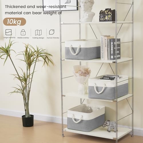 15.7x11.8x8.26 Inch Fabric Large Storage Bins with Handles 3 Pack | Foldable, Sturdy Metal Strand, Cardboard Support Molding, Fabric Storage Baskets for Shelves, Closet, Bedroom, White/Gray