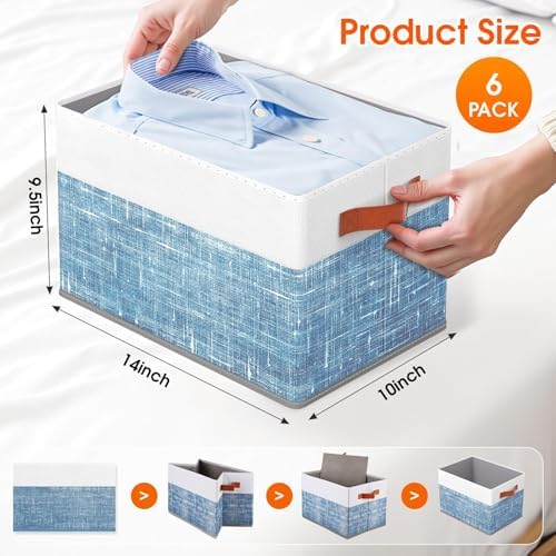 Fab totes Collapsible Storage Baskets for Shelves,14"x10", 6 Pack Foldable Fabric Storage Bins with Double Leather Handles, Large Baskets for Organizing Books, Clothes, White & Blue
