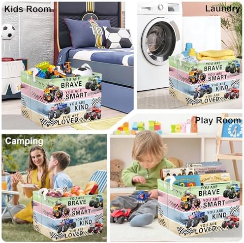 Cars Laundry Hamper Cartoon Vehicle Large Storage Basket Collapsible Parents Organizer Boy Toy Clothes Bins for Bedroom, Bathroom, Monster Truck, 36L