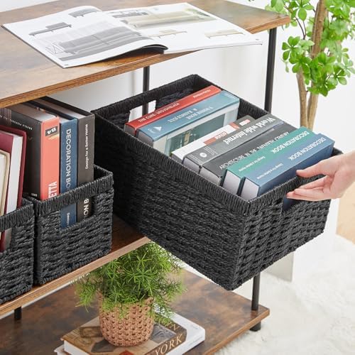 Vagusicc Wicker Storage Basket, Set of 3 Wicker Basket, Hand-Woven Paper Rope Storage Baskets for Organizing, Large Cube Storage Organizer Bins Baskets for Shelves Small Toilet Paper Baskets, Black