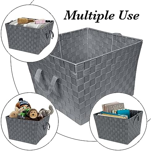 Simplify Large Woven Strap Tote | Decorative Storage Basket | 2 Handles | Organization | Closet | Bedroom | Bathroom | Nursery | Accessories | Toys | Gifts | 1 Pack | Grey