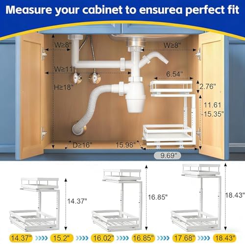 2-Tier Metal L-Shaped Pull-Out Under Sink Organizer, White, 2 Pack | 2 complete sets; ball-bearing slides; 6-level height; no-drill setup