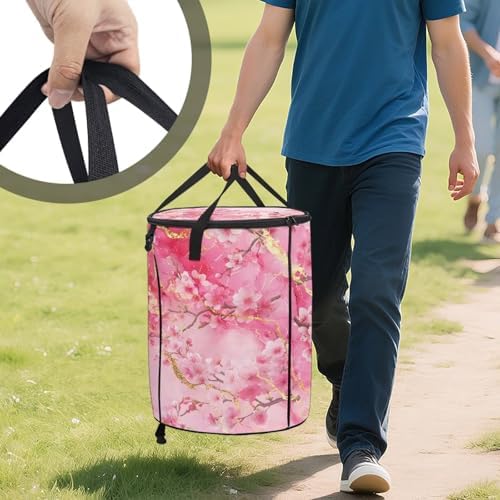 doginthehole Pink Marble Camping Trash Can Outdoor Peach Blossom Recycle Trash Can with Lid Large Garbage Storage Bag Large Oval Rubbish Bin for Camping Picnic Yard Beach, 22.83x17.71 in