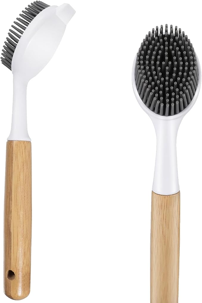 Bamboo Dish Brush with Handle – Kitchen Dish Brush with Nylon Bristles | Bamboo Dish Brush with Handle – Wooden Scrub Brush for Cast Iron, Sink, Pots & Dishes – Durable Dish Scrubber for Cleaning