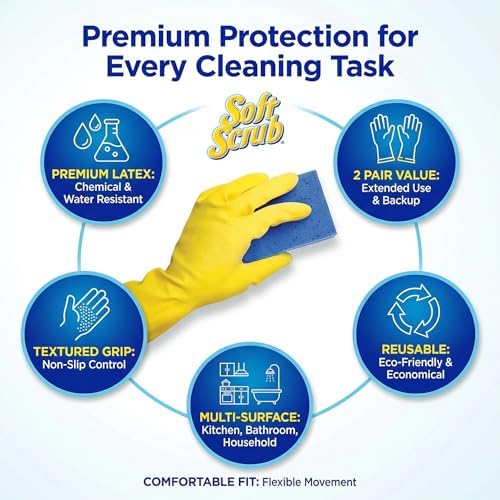 Soft Scrub Latex Cleaning Gloves – Medium Yellow Rubber Glove – Dishwashing Glove and Gardening – Cleaning and Plastic Gloves Guantes – Pack of 6